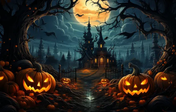Halloween, Moon, Pumpkins, Night, Holiday
