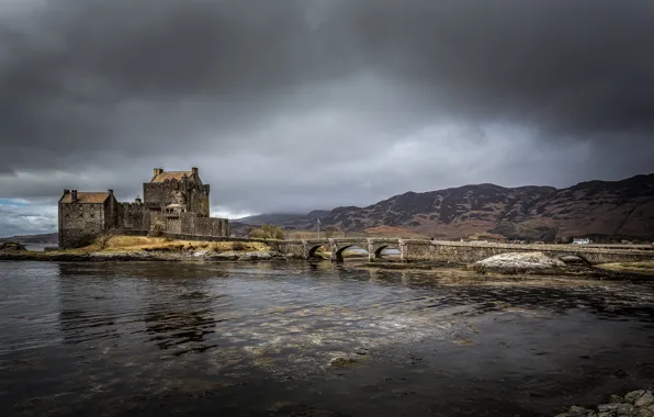 Mountains, clouds, bridge, castle, overcast, shore, Scotland, pond