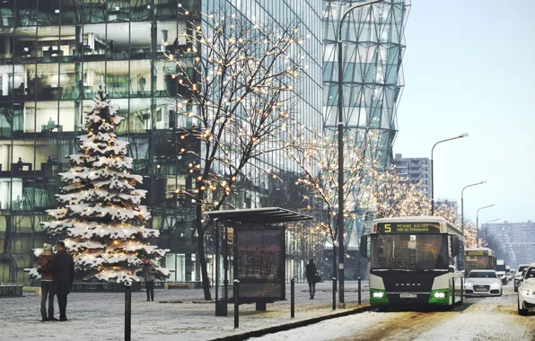 Snow, people, street, KAMAZ, Snow covered city