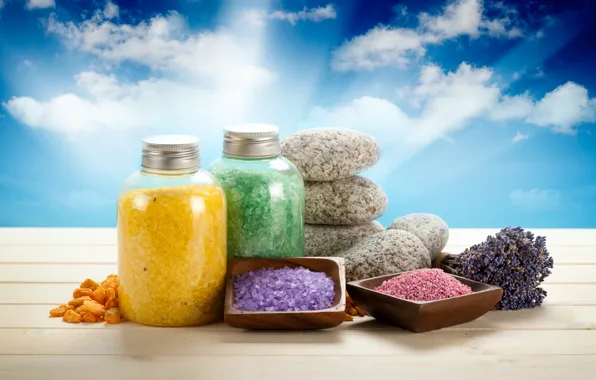 Picture stones, jars, sky, lavender, Spa, stones, lavender, spa