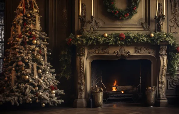 Decoration, room, balls, tree, interior, New Year, Christmas, fireplace