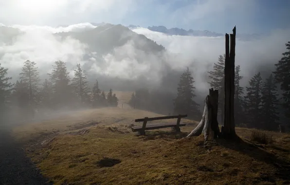 Mountains, fog, morning, bench
