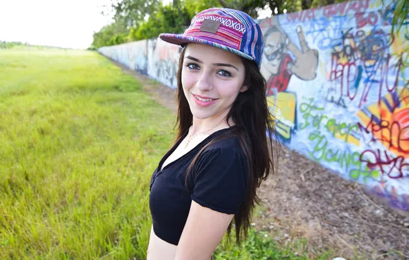 Picture graffiti, model, women, face, brunette, smiling, portrait, baseball cap