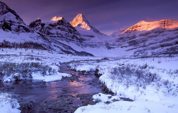 Winter, snow, sunset, mountains, river