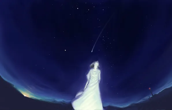 The sky, girl, stars, night, lighthouse, anime, art, akio-tank