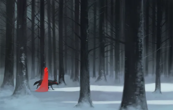 Picture forest, girl, snow, trees, wolf, art, cloak