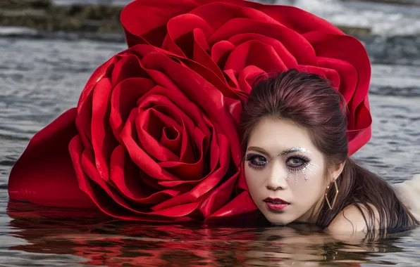 Look, water, flowers, face, roses, makeup, Asian