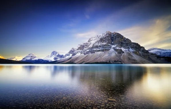 Forest, water, snow, mountains, nature, lake, reflection