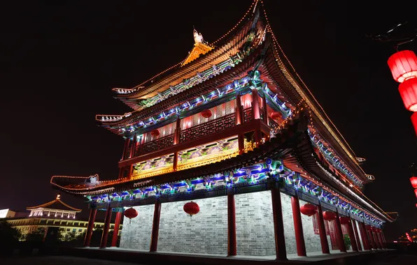 Picture night, lights, China, Beijing, Chinese architecture