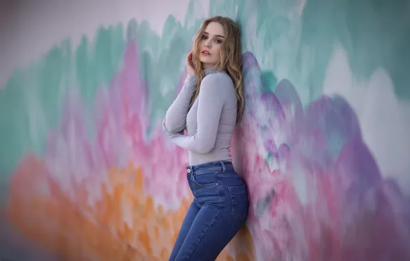 Look, girl, pose, wall, model, jeans, blonde