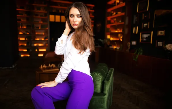 Girl, pose, hands, long hair, pants, Dmitry Shulgin