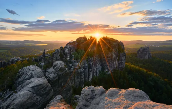 Picture the sun, mountains, rocks, Germany, Elbe Sandstone mountains