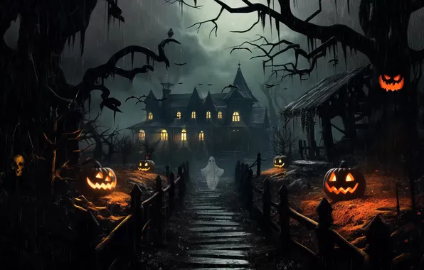Night, castle, pumpkin, Halloween, helloween