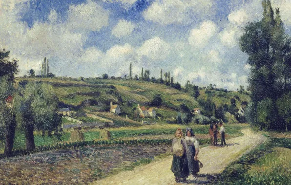 Road, people, hills, picture, Camille Pissarro, Landscape near PONTOISE. Overs Road