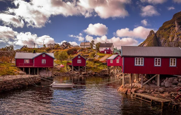 Picture the sky, the sun, clouds, mountains, stones, shore, boat, Norway