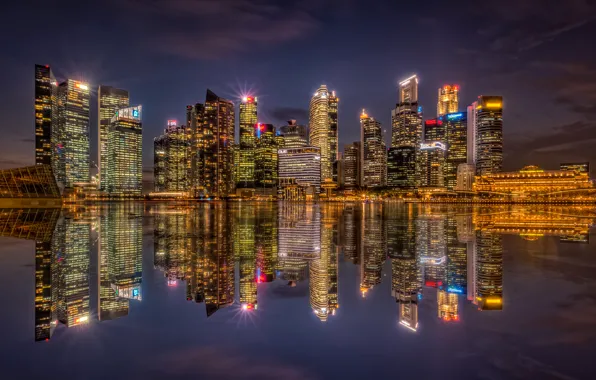 Night, lights, reflection, coast, skyscrapers, Bay, Singapore