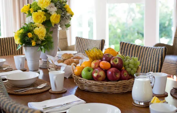 Flowers, table, milk, fruit, vases, serving, croissants