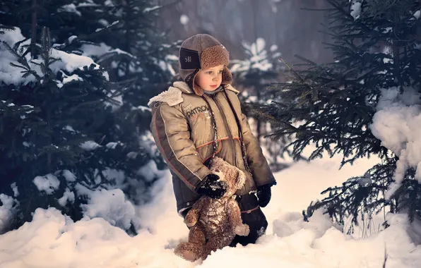 Picture winter, snow, nature, toy, the evening, boy, bear, bear