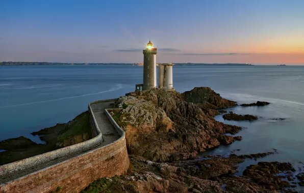 Road, sea, light, landscape, stones, rocks, France, lighthouse