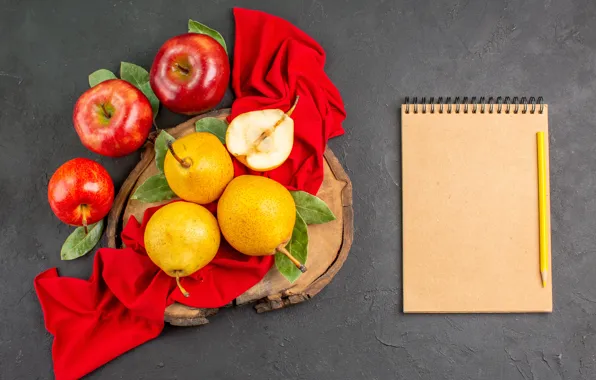 Apples, Notepad, pear