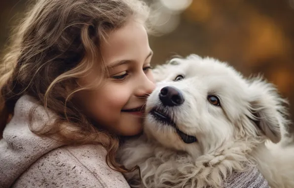 Smile, portrait, dog, girl, white, friends, teen, AI art