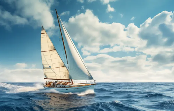 Sea, wave, boat, sail, swimming, sailing boat, AI art, neural network