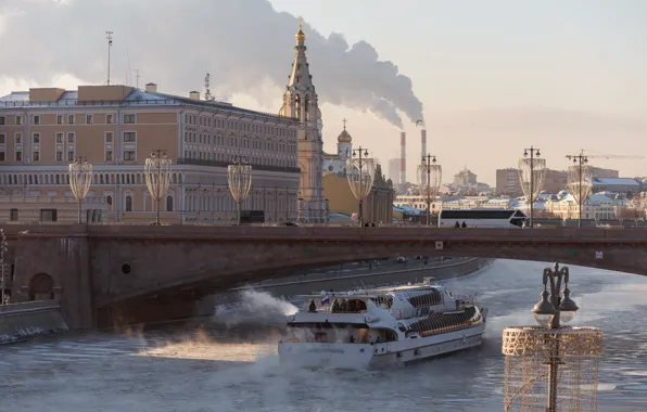 Picture winter, bridge, river, building, home, lights, Moscow, Russia