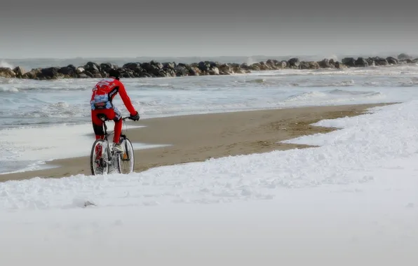 Picture sea, snow, shore, athlete, cyclist