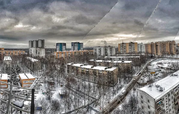 Winter, snow, mediocrity, height, dark sky, odintsovo