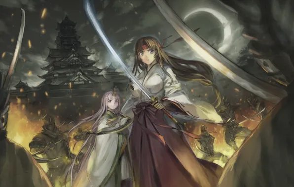 Picture girl, weapons, fire, the moon, katana, the battle, Queen`s blade, Tomoe