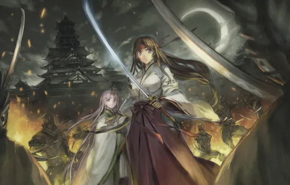 Girl, weapons, fire, the moon, katana, the battle, Queen`s blade, Tomoe