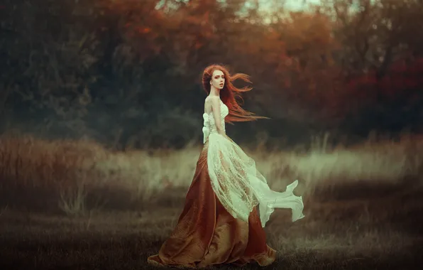 FOREST, GRASS, DRESS, AUTUMN, CURLS, RED