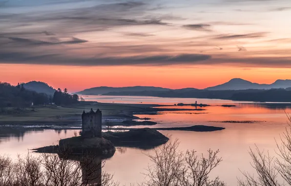 The sky, mountains, lake, tower, Scotland, panorama