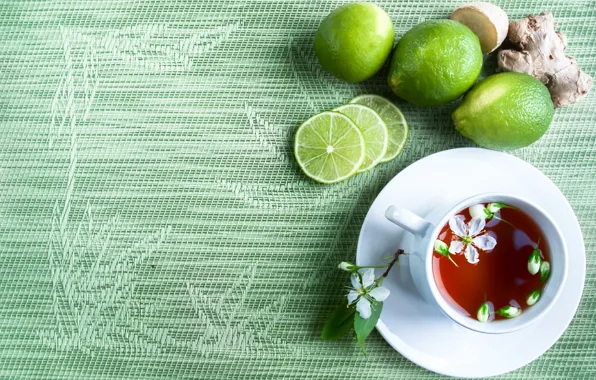 White, flowers, table, tea, Cup, lime, drink, fruit