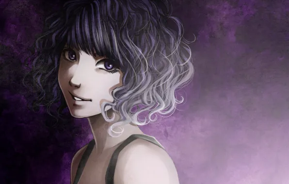 Picture purple, girl, smile, background, art, curls, shilesque