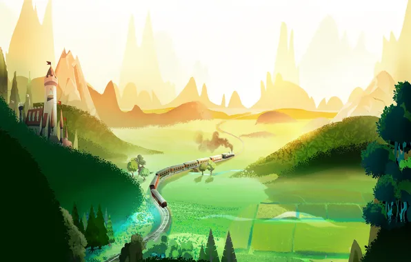 Hills, train, valley, painted landscape