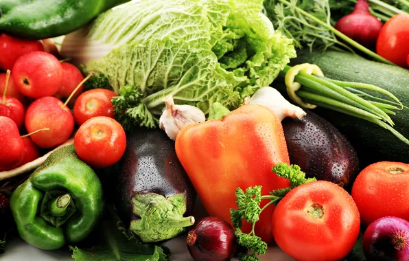 Greens, apples, bow, eggplant, pepper, fruit, vegetables, tomatoes