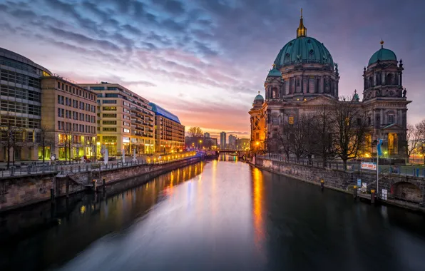 Picture the city, lights, river, the evening, Germany, architecture, promenade, Berlin