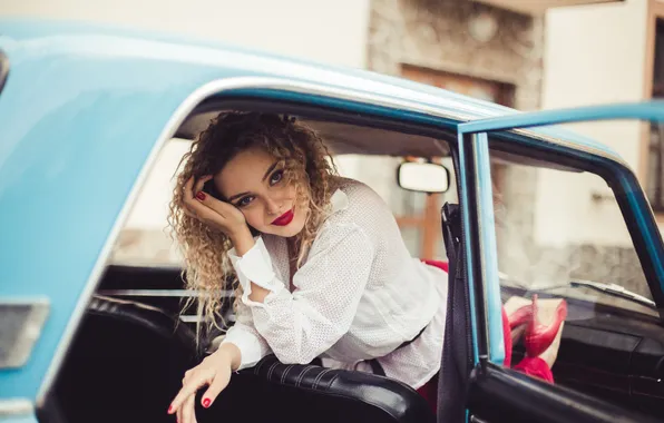 Blonde, car, salon, curly
