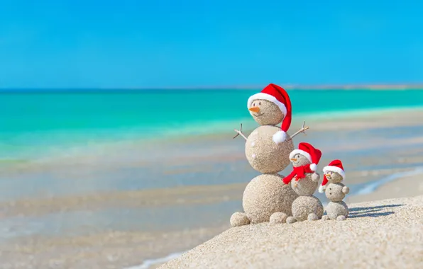 Sand, sea, beach, New Year, Christmas, snowman, happy, Christmas