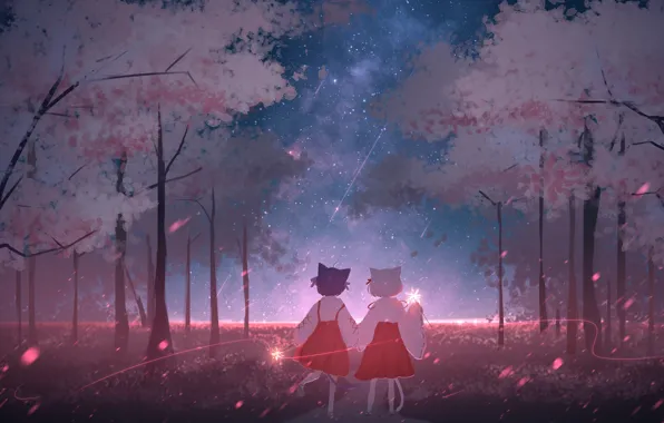 Cat, night, girls, Sakura, flowering, sparklers