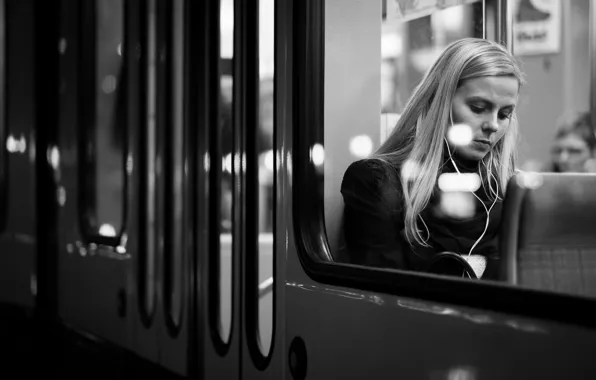 Girl, the city, hair, train, window, lips
