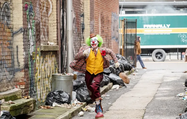 Picture street, clown, Joker, runs, Joker, Joaquin Phoenix, Joaquin Phoenix