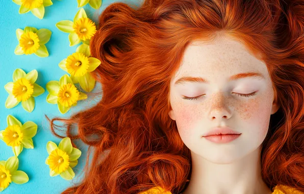 Girl, flowers, face, portrait, yellow, lies, freckles, redhead