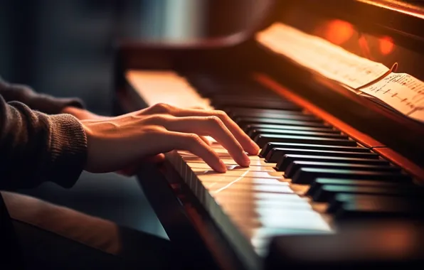 Light, notes, music, the game, hands, keys, piano, piano