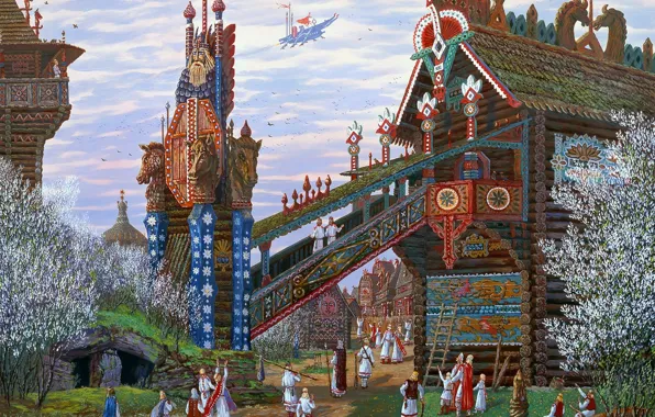 Picture spring, painting, flowering, ancient, Vsevolod Ivanov, Slavic, wooden architecture, strange