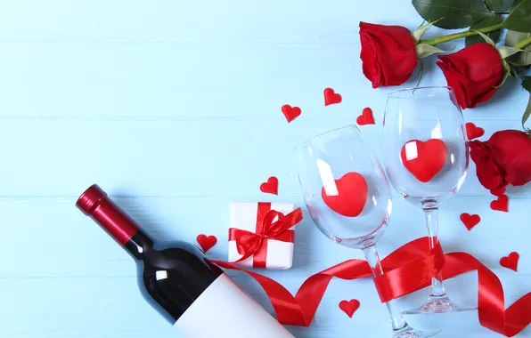 Love, flowers, gift, wine, romance, heart, roses, bouquet