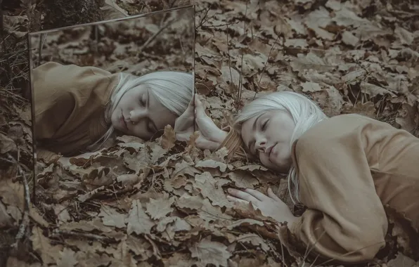 Autumn, leaves, girl, reflection, mirror