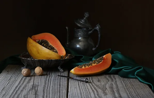 Style, Board, knife, pitcher, nuts, still life, the dark background, papaya