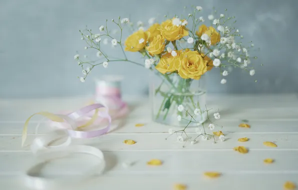 Flowers, tape, table, Board, roses, bouquet, blur, yellow